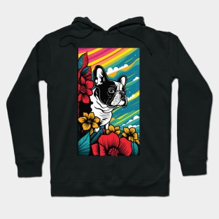 French Bulldog Vibrant Tropical Flower Tall Retro Vintage Digital Pop Art Portrait 3 Hoodie